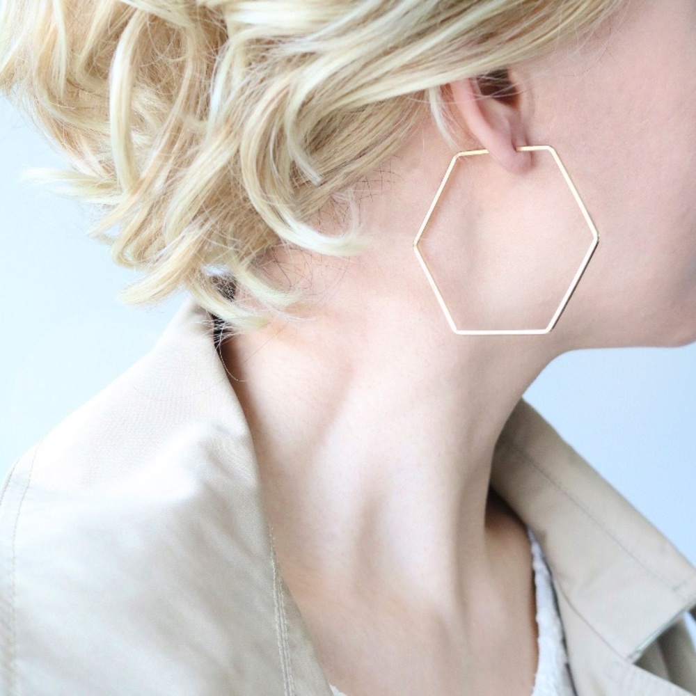Hexagon Hoop Large Minimalist Geometric Earrings - Picture 1 of 7